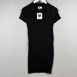 Lita by Ciara Dress Women L Black Knit Ribbed Bodycon Minimalist Collar L634-1